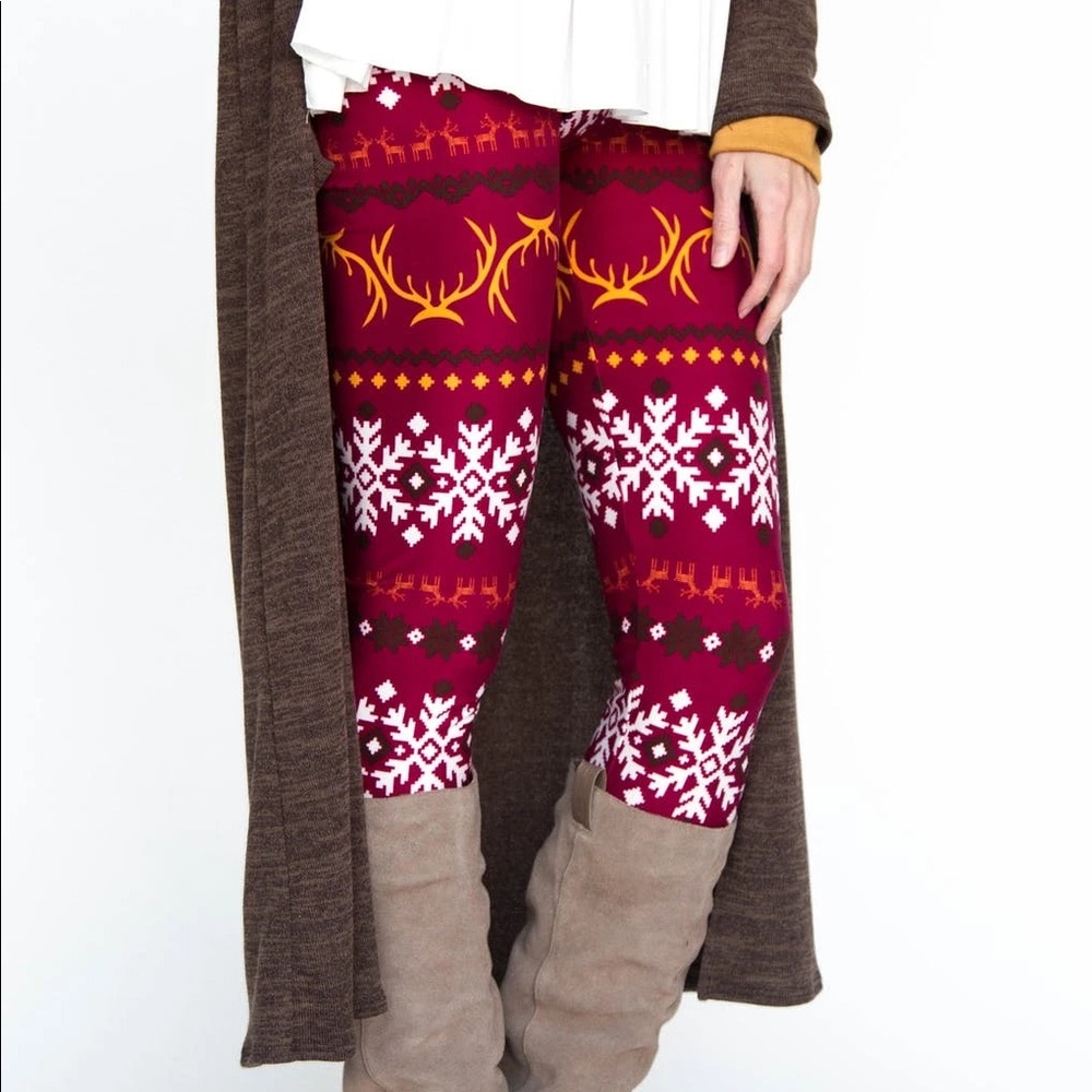 Agnes & Dora Leggings Reindeer Fair Isle Red Gold New With Tags